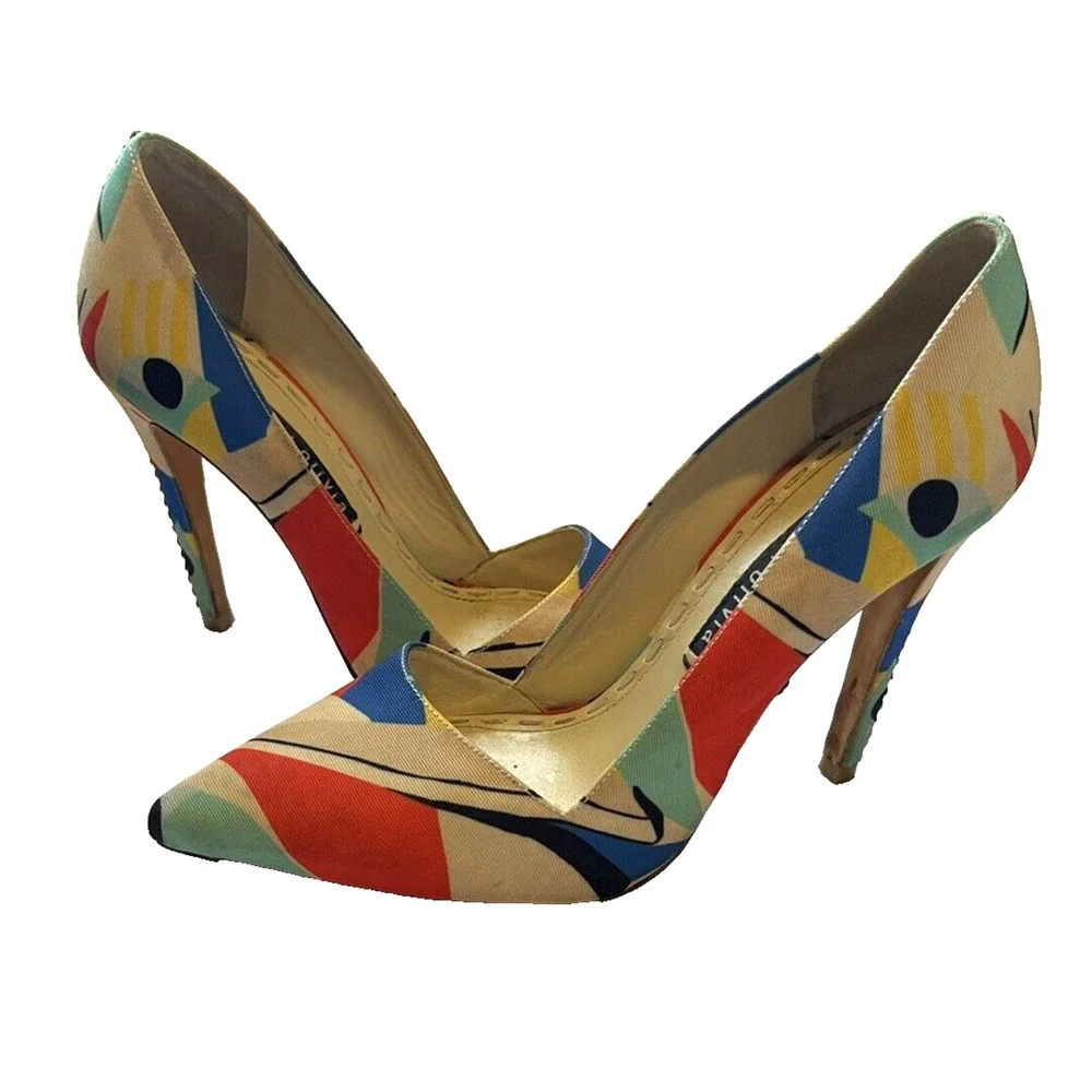 Womens Alice+Olivia Dina Color Block Graffiti Satin Heels Pumps-38 - Picture 3 of 6